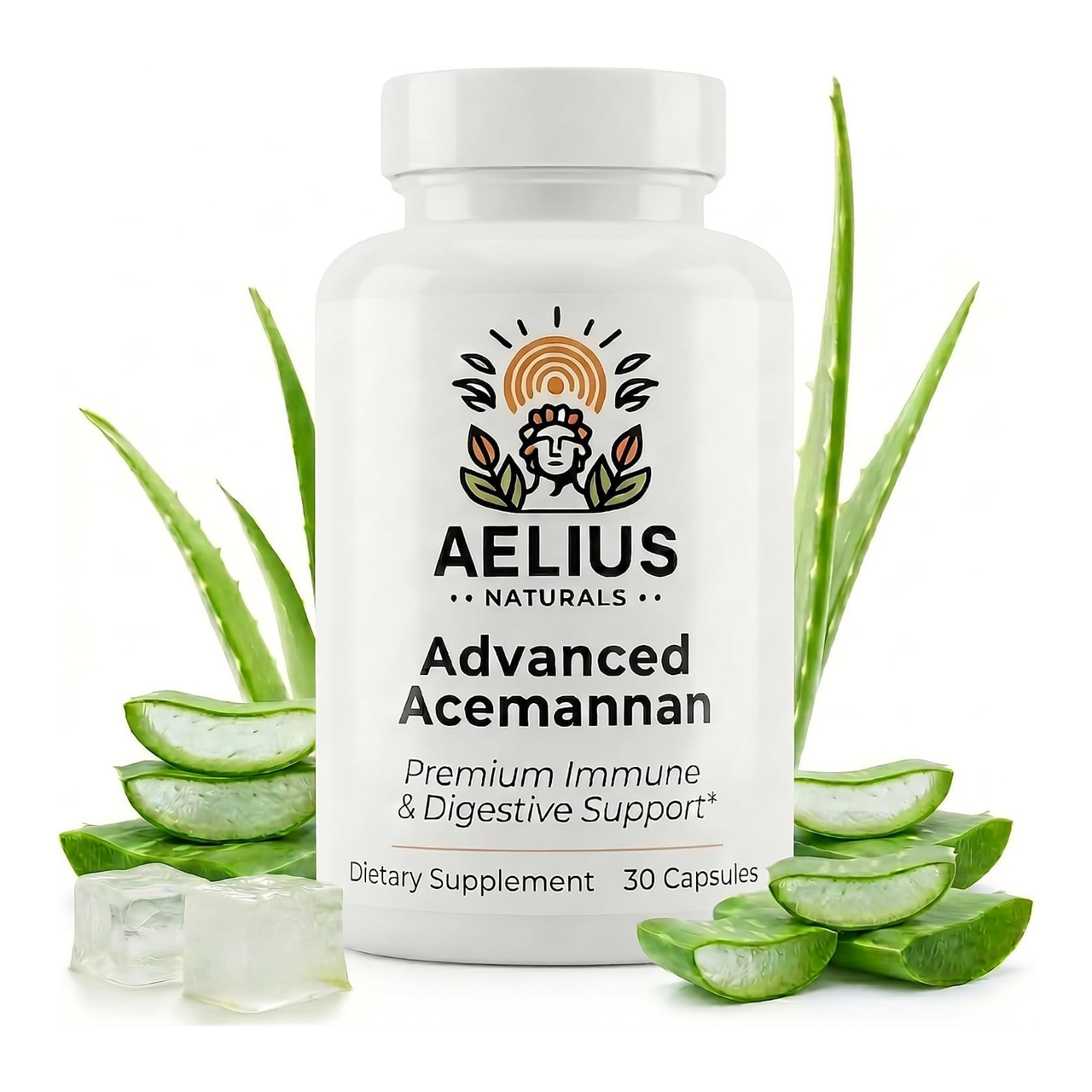 A white bottle of Aelius Naturals Advanced Acemannan dietary supplement, styled with fresh aloe vera slices and green aloe leaves on a clean white background.