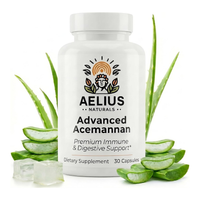 A white bottle of Aelius Naturals Advanced Acemannan dietary supplement, styled with fresh aloe vera slices and green aloe leaves on a clean white background.