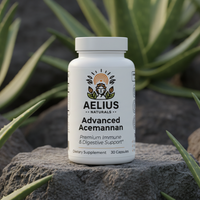 Aelius Advanced Acemannan supplement bottle on a rock with aloe plants in the background