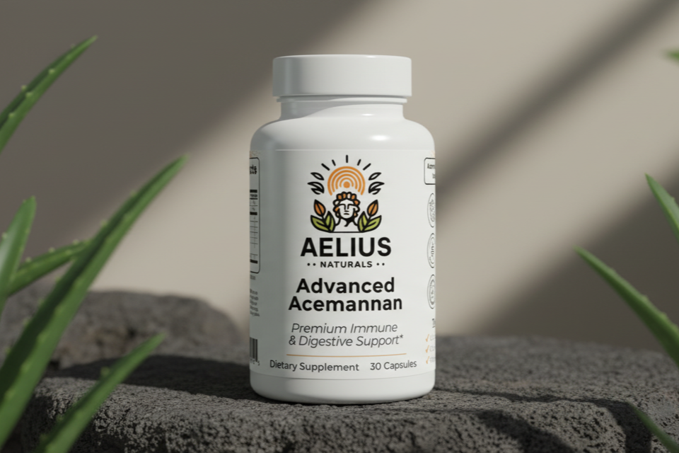 Aelius Advanced Acemannan supplement bottle on a stone surface with aloe vera in the background