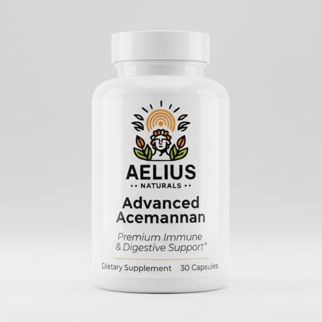 Aelius Advanced Acemannan supplement bottle on a light gray background