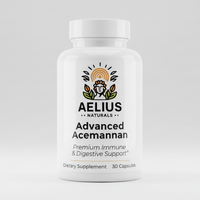 Aelius Advanced Acemannan supplement bottle on a light gray background