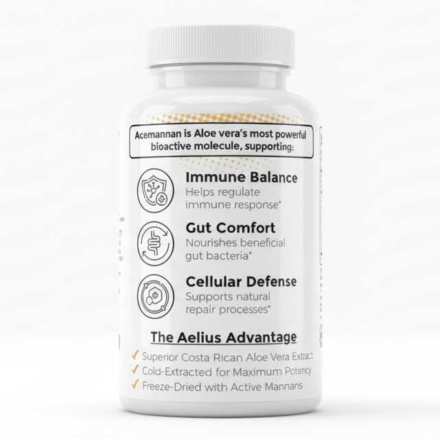 Supplement bottle with label detailing health benefits on a white background