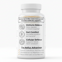 Supplement bottle with label detailing health benefits on a white background