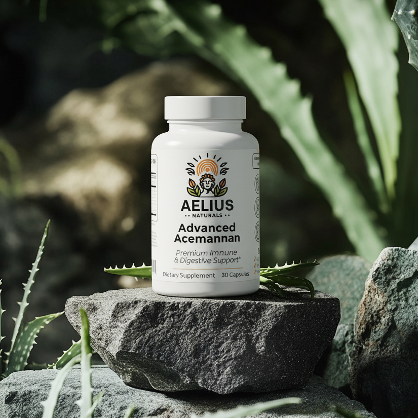 Aelius Advanced Acemannan supplement bottle on a rock with green plants in the background