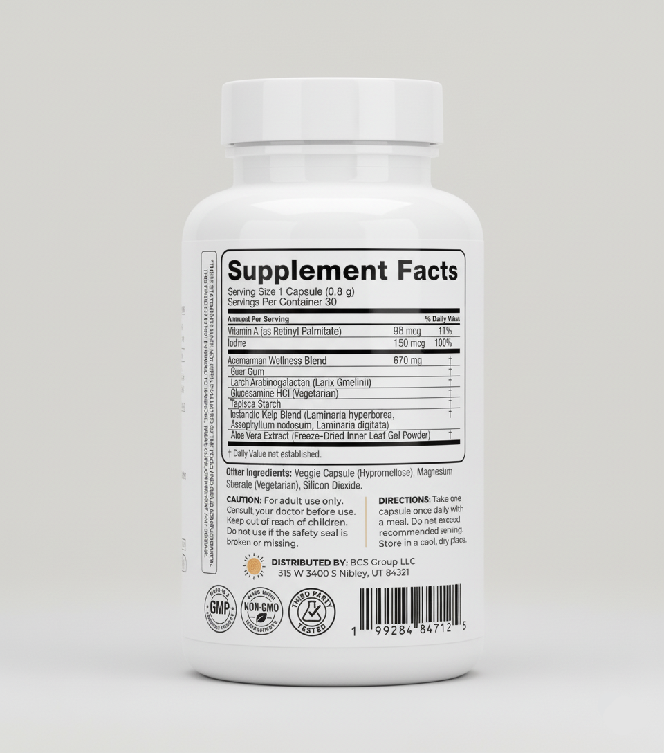 Supplement bottle with 'Supplement Facts' label on a light gray background